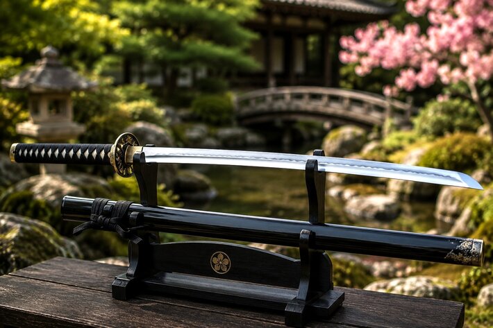 Katana japonais traditionnel sur présentoir dans un jardin japonais